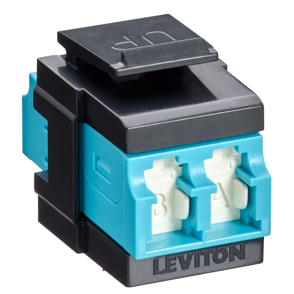 Leviton 41086-LLE | QuickPort Duplex LC Adapter, Shuttered, 10G LOMM, Zirconia Ceramic Sleeve, Aqua/Black