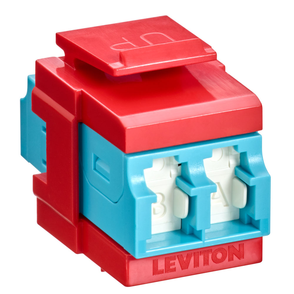 Leviton 41086-LLR | QuickPort Duplex LC Adapter, Shuttered, 10G LOMM, Zirconia Ceramic Sleeve, Aqua/Crimson Red
