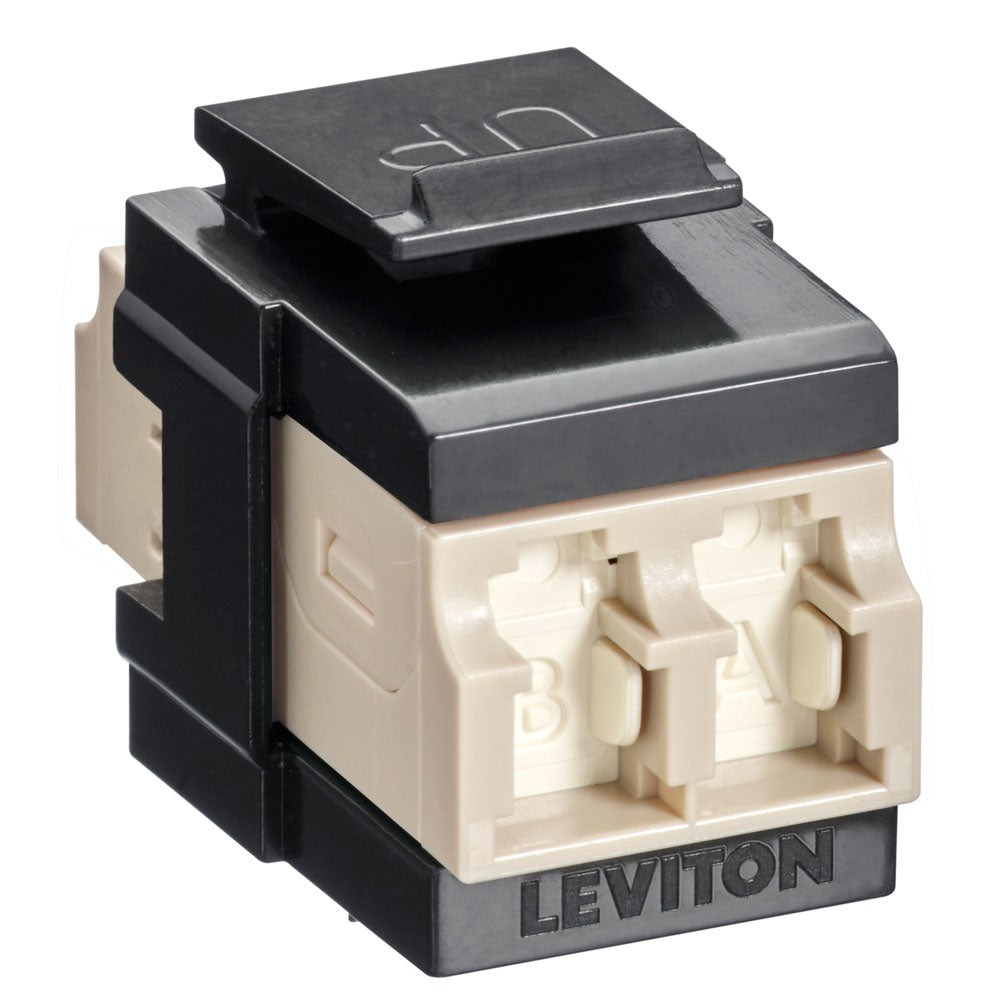 Leviton 41086-MLE | QuickPort Duplex LC Adapter, Shuttered, MM, Zirconia Ceramic Sleeve, Beige/Black