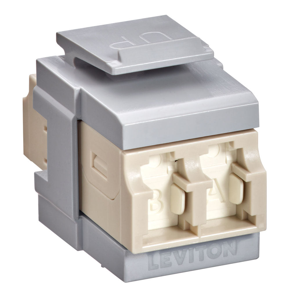 Leviton 41086-MLG | QuickPort Duplex LC Adapter, Shuttered, MM, Zirconia Ceramic Sleeve, Beige/Gray