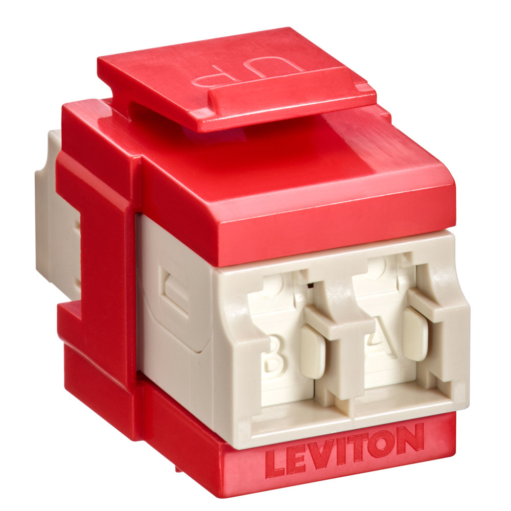 Leviton 41086-MLR | QuickPort Duplex LC Adapter, Shuttered, MM, Zirconia Ceramic Sleeve, Beige/Crimson Red