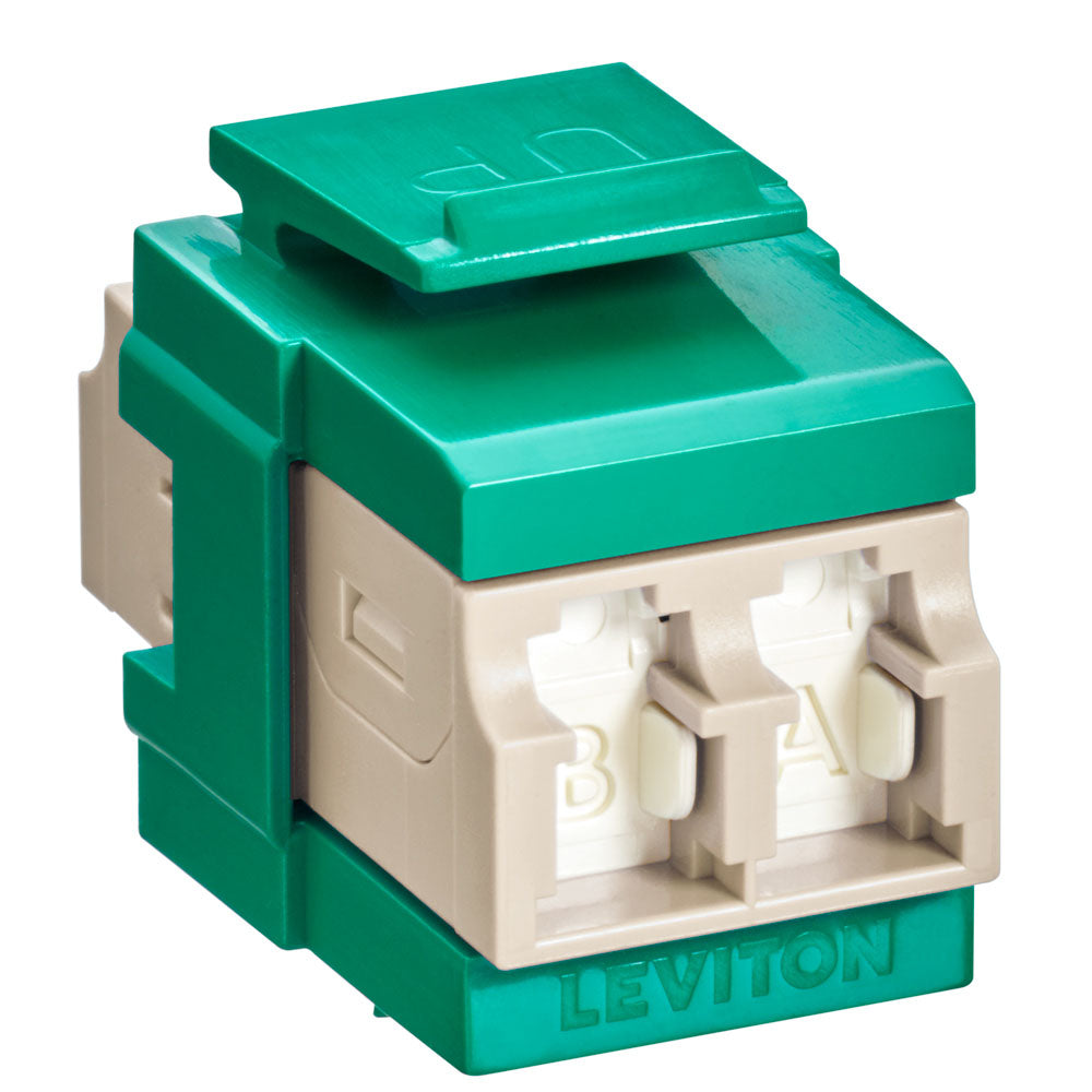 Leviton 41086-MLV | QuickPort Duplex LC Adapter, Shuttered, MM, Zirconia Ceramic Sleeve, Beige/Green