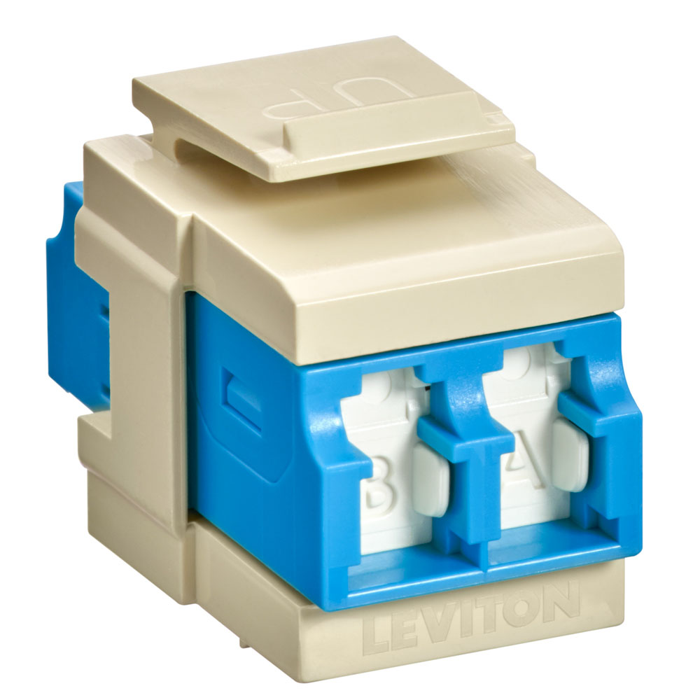 Leviton 41086-SLI | QuickPort Duplex LC Adapter, Shuttered, SM, Zirconia Ceramic Sleeve, Blue/Ivory