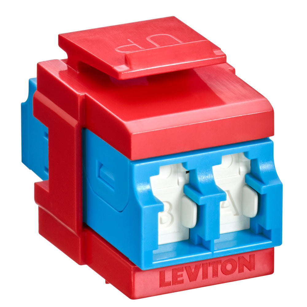 Leviton 41086-SLR | QuickPort Duplex LC Adapter, Shuttered, SM, Zirconia Ceramic Sleeve, Blue/Crimson Red