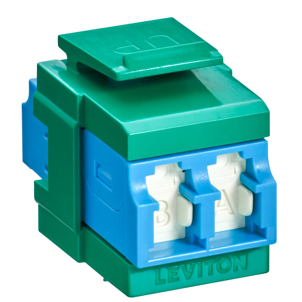 Leviton 41086-SLV | QuickPort Duplex LC Adapter, Shuttered, SM, Zirconia Ceramic Sleeve, Blue/Green