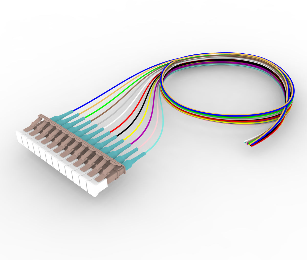 Commscope FAXLCUC0C-XXM001 | OM4 LC to Unconnectorized, Fiber Pigtail, 0.9 mm Tight Buffer, 12-Fiber Kit Blue - Aqua (1-12) | Breakout Length/Option - No breakouts | Unjacketed, Cord Length - 1 M