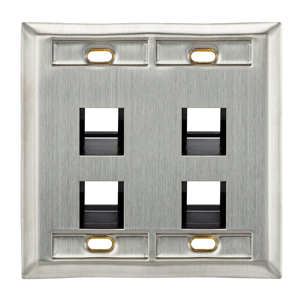 Leviton 43081-2L4 | Angled Dual-Gang Stainless Steel QuickPort Wallplate with ID Windows, 4-Port