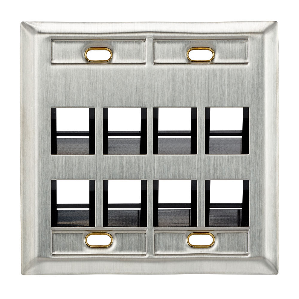 Leviton 43081-2L8 | Angled Dual-Gang Stainless Steel QuickPort Wallplate with ID Windows, 8-Port