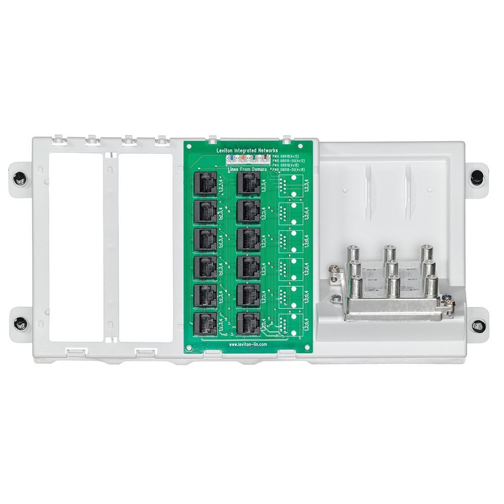 Leviton 47603-412 | 4x12 Telephone Distribution Board on bracket w/ 8-way 2GHz splitter, pkd: 1/small box, 4/carton boxed