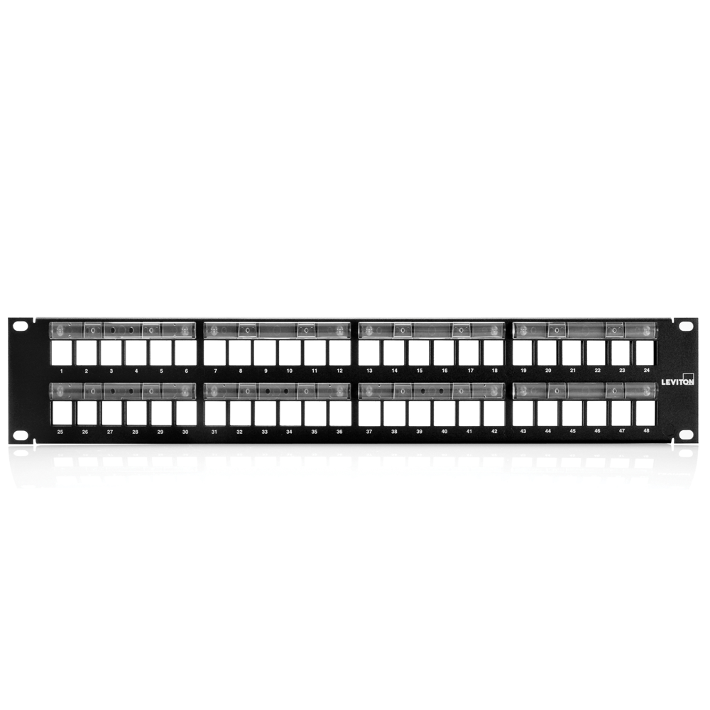 Leviton 49255-L48 | QuickPort Patch Panel with Magnifying Lens Label Holder, 48-Port, 2RU, Cable Management bar included