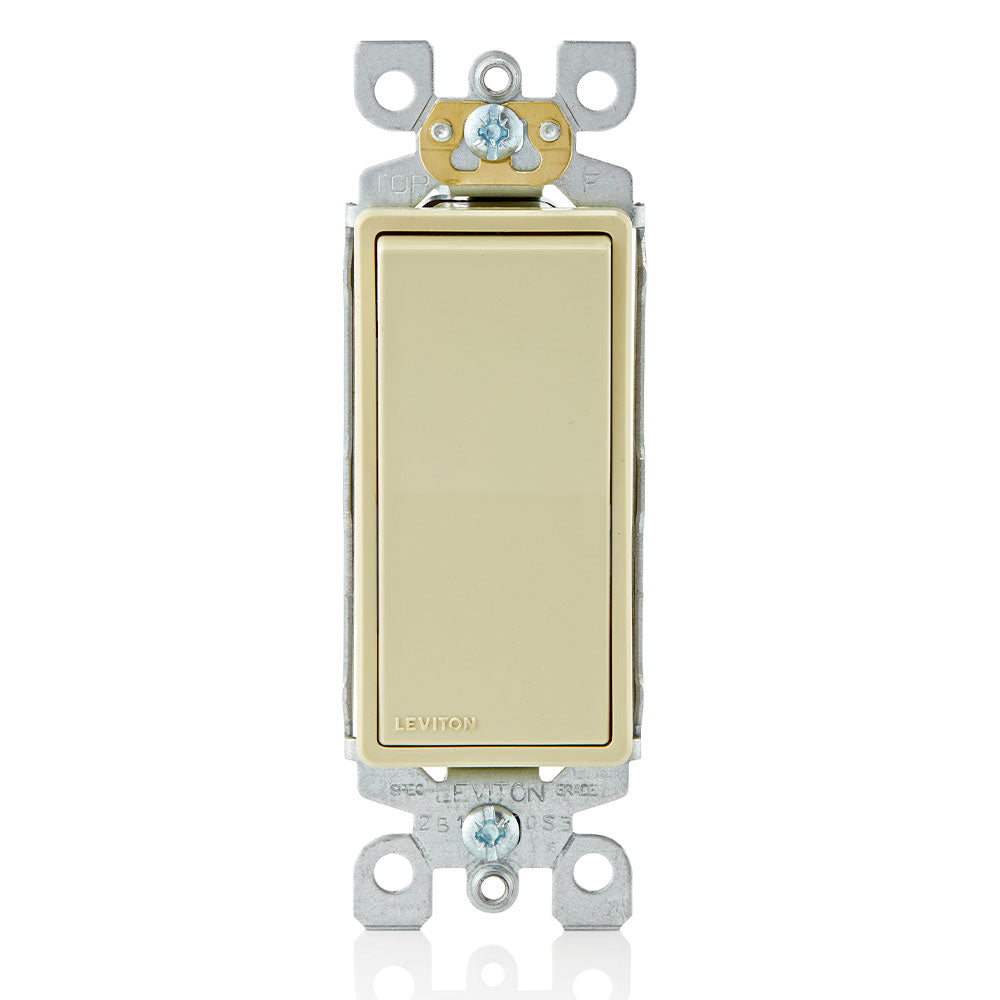 Leviton 5601-P2I | 15 Amp, 120/277 Volt, Decora Rocker Single-Pole AC Quiet Switch, Residential Grade, Self-grounding - Ivory