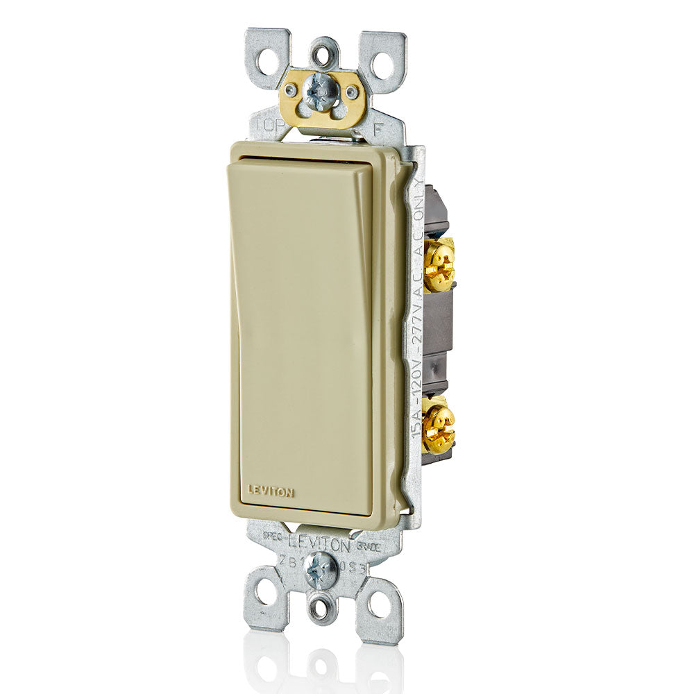 Leviton 5601-P2I | 15 Amp, 120/277 Volt, Decora Rocker Single-Pole AC Quiet Switch, Residential Grade, Self-grounding - Ivory
