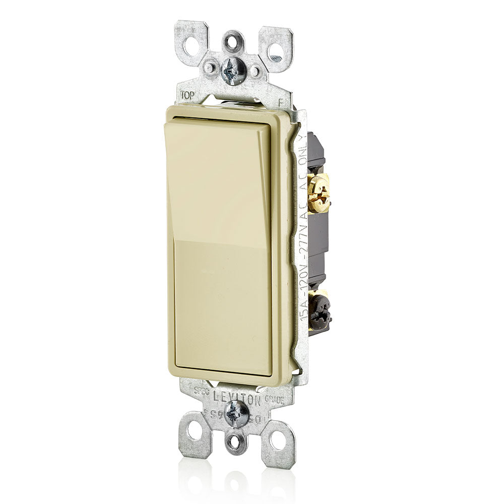 Leviton 5603-2I | 15 Amp, 120/277 Volt, Decora Rocker 3-Way AC Quiet Switch, Residential Grade, Grounding, Quickwire Push-In & Side Wired - Ivory