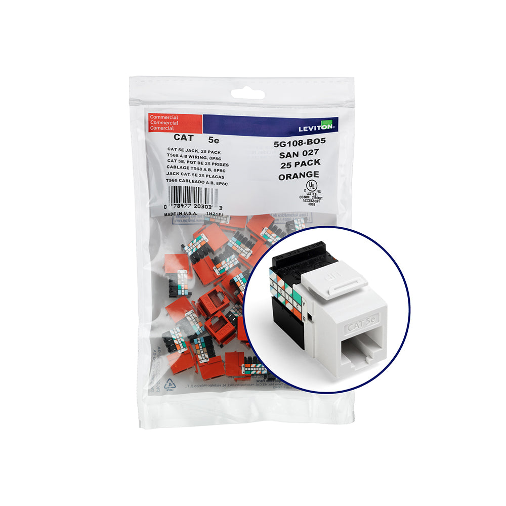 Leviton 5G108-BY5 | GigaMax Cat 5e QuickPort Jack QuickPack, 25-pack, Yellow