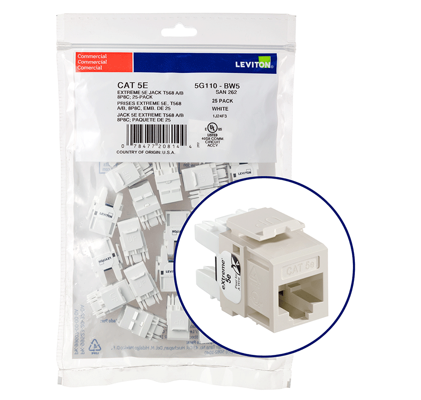 Leviton 5G110-BT5 | eXtreme Cat 5e QuickPort Jack QuickPack, 25-pack, Light Almond