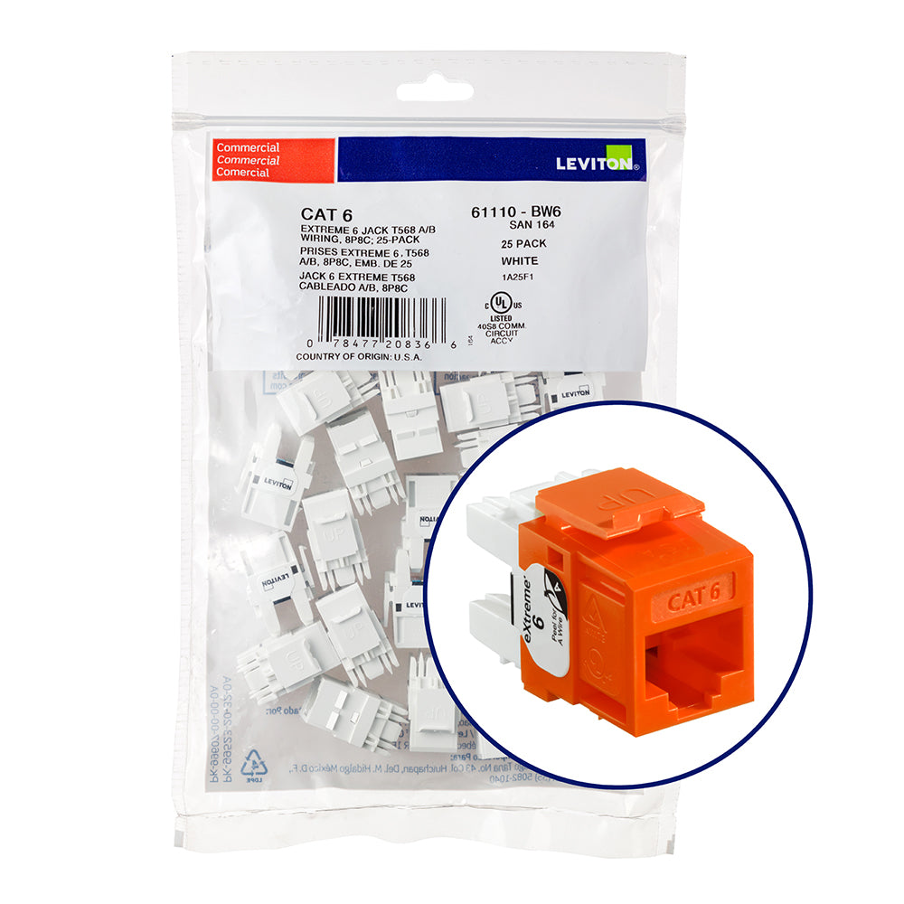 Leviton 61110-BO6 | eXtreme Cat 6 QuickPort Jack QuickPack, 25-pack, Orange