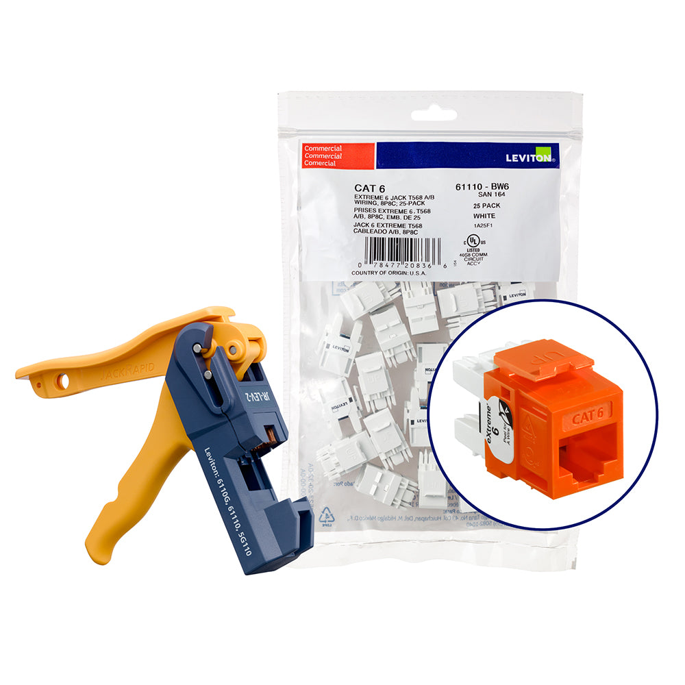 Leviton 61110-JO6 | 150 eXtreme Cat 6 QuickPort Jacks, Bulk QuickPack, Orange, Kitted with JackRapid Tool