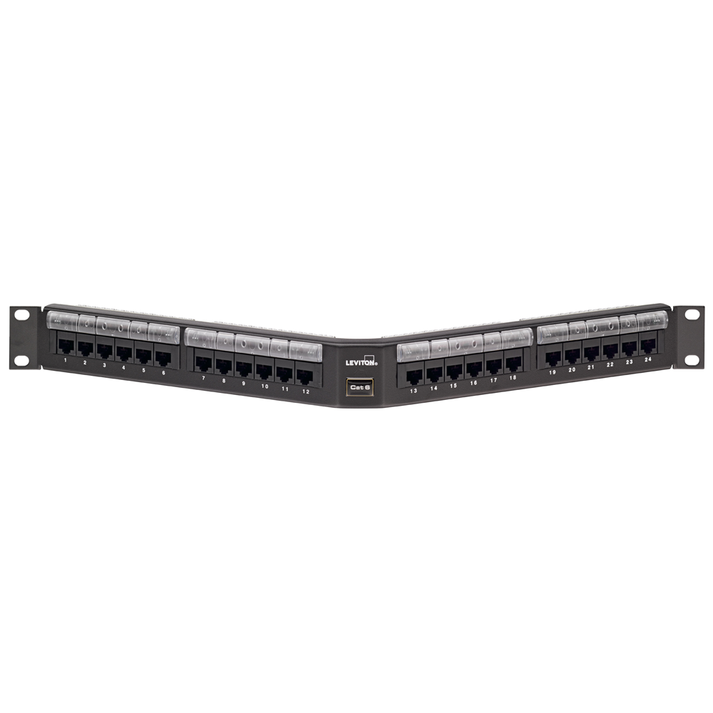 Leviton 69587-L24 | Cat 6 Angled 110-Style Patch Panel, 24-Port, 1RU, Magnifying Lens Label Holder