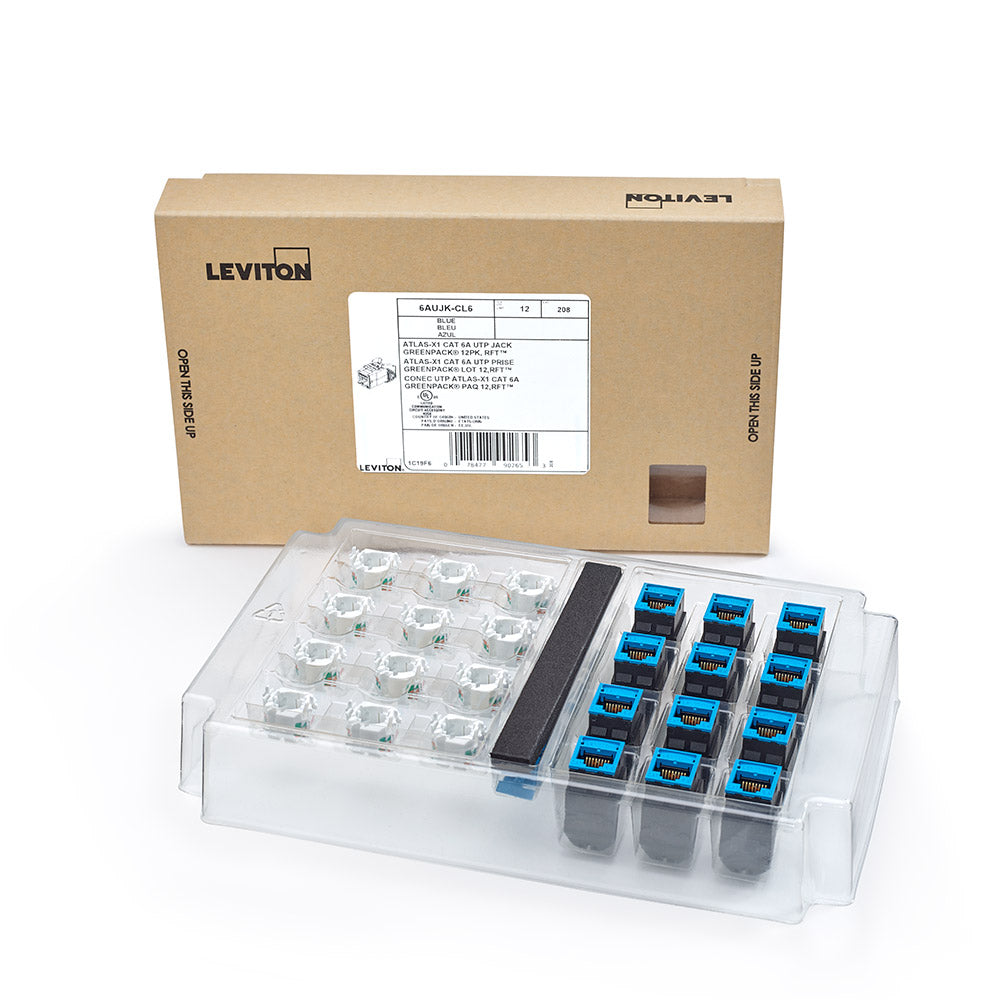 Leviton 6AUJK-CL6 | Atlas-X1 Cat 6A UTP QuickPort Jack, Blue, GreenPack 12-Pack (includes 12 jacks and 12 wire managers)