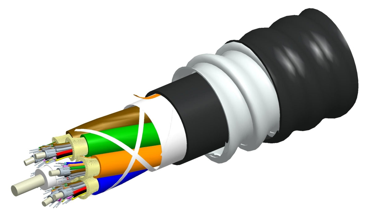 Commscope P048OZ5KFMUBK | LazrSPEED Indoor/Outdoor Plenum Distribution Cable, interlocking aluminum armored with plenum jacket, 48 fiber multi-unit with 12 fiber subunits