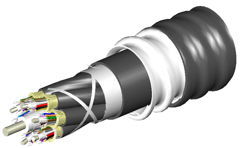 Commscope Z-036-DZ-8W-FMUBK/B2 | TeraSPEED Indoor/Outdoor Low Smoke Zero Halogen Riser Distribution Cable, interlocking aluminum armored with low smoke zero halogen riser jacket, 36 fiber multi-unit with 12 fiber subunits