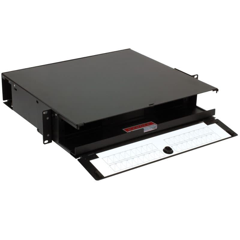 AFL Telecommunications Llc FM002712-BE | Fiber Optic Patch Panel, Black, WxHxD 17 x 3.5 x 15.5 in., Steel, Rack, Rack, 2U