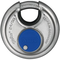 Abus Security Locks 24IB/60BKA EE 0306 | Security Padlock, Diskus, Keyed Alike, 2-3/8" Diameter, 8 MM Shackle Diameter, Nickel Plated Cylinder, Stainless Steel Body/Shackle, With 0306 Key
