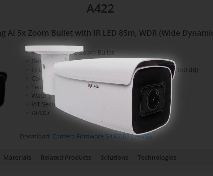 Acti A422 | 4MP Deep Learning AI 5x Zoom Bullet with IR LED 85m, WDR, 150dB