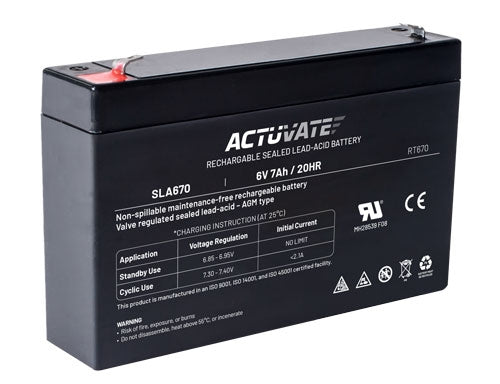 Actuvate SLA670 | Battery, Sealed Lead Acid Battery, 6 V Output, 7 Ah Battery Capacity, F1 Terminal, 2.1 A, ABS Case