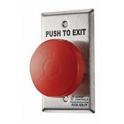 Alarm Controls TS-21RPN | Pushbutton, 1-Gang, Mushroom, 1No+1Nc, 2 To 60 Second, 35 Vac, 10A, 2-1/2" Diameter, 430 Stainless Steel Wall Plate, Red, Legend Push To Exit