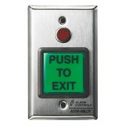 Alarm Controls TS-3 | Ul 2" Square Green Illuminated Push Button, With 1/2" Red Led, Spdt 10A Contineous Contacts, "Push To Exit", Single Gang Plate