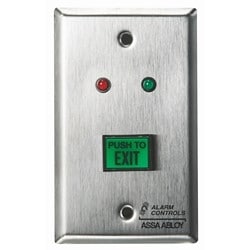 Alarm Controls TS-6 | Ul 5/8" X 7/8" Green Illuminated Push Button, Dpdt 3A Continuous Contacts, Red & Green Leds, "Push To Exit", Single Gang