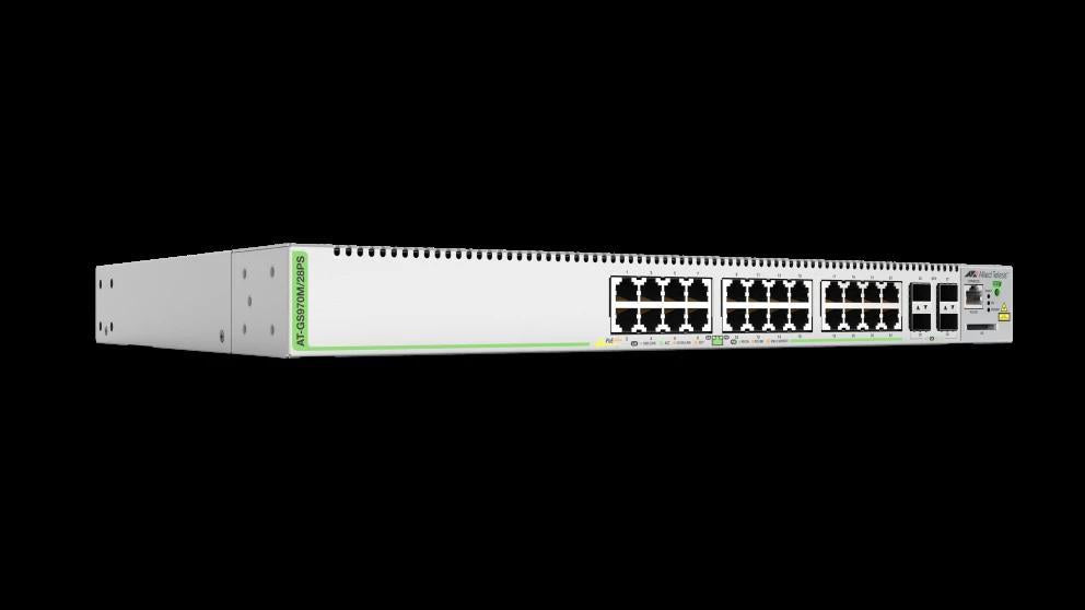 Allied Telesis ATGS970M28PS10 | Managed PoE Switch, 28 Ports, (24) 10/100/1000T PoE RJ45, (4) 100/1000X SFP, 32 °F Minimum