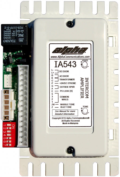 Alpha Communications IA543 | Intercom Amplifier, Open Voice, Surface Mount, 16 Volt AC, 10 VA, 3.375" Width x 1.25" Depth x 5.625" Height, Flame-Retardant Plastic, For 5/4/3 Wire Apartment Speaker Station