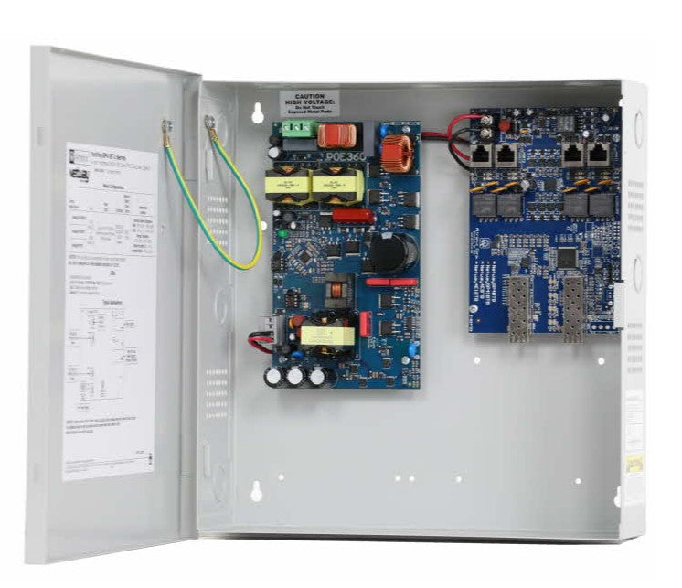 Altronix NETWAYSP41BTX3 | Dual Fiber Optic SFP 1G Link, 4-Port Hardened 802.3bt 4PPoE Switch And 320W Power Supply/Charger Mounted In NEMA1 Rated Indoor Enclosure