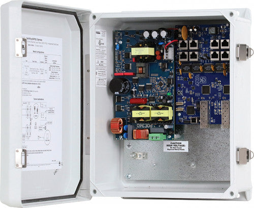 Altronix NETWAYSP8WP37 | Dual Fiber Optic SFP 1G Link, 8-port PoE+ Switch and Power Supply