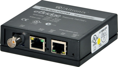 Altronix EBRIDGE100TM | EoC or Long Range Ethernet Single Port Transceiver, 100Mbps, Passes PoE/PoE+, Requires Compatible Receiver