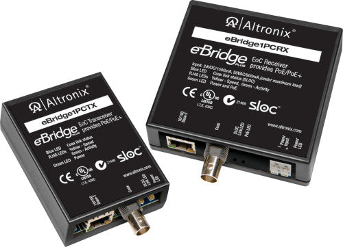 Altronix EBRIDGE1PCRTX | EoC Single Port Adapter Kit, 25Mbps, Generates PoE/PoE+, Receiver Requires 24VDC or 56VDC, Includes Receiver & Transceiver