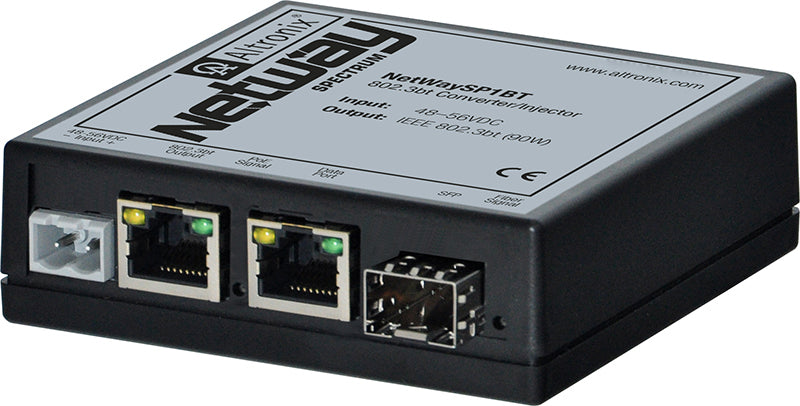 Altronix NETWAYSP1BT | 2-Port Ethernet to Fiber Hardened 802.3bt 4PPoE Switch/Media converter, Single 1G Fiber Optic SFP, single port 10/100/1000, Supports 90W, Requires 48-56V input, Modular plastic case