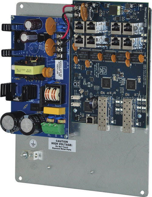 Altronix NETWAYSP8PL | Dual 1G Fiber SFP, 2 ports 10/100/1000 PoE/PoE+, configurable for 2x 60W Hi-PoE & 6 ports 10/100 PoE/PoE+; Hardened 120W Power Supply/BatChgr & Switch Boards mounted on Backplane; LINQ