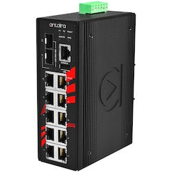 Antaira Technologies LMP-1202M-SFP-24-T | 12-Port Industrial PoE+ Light Layer 3 Managed Ethernet Switch with 8 10/100Tx (30W/Port), 2 10/100/1000Tx RJ45 and 2 100/1000 SFP Slots; 12-36VDC; EOT: -40-75C