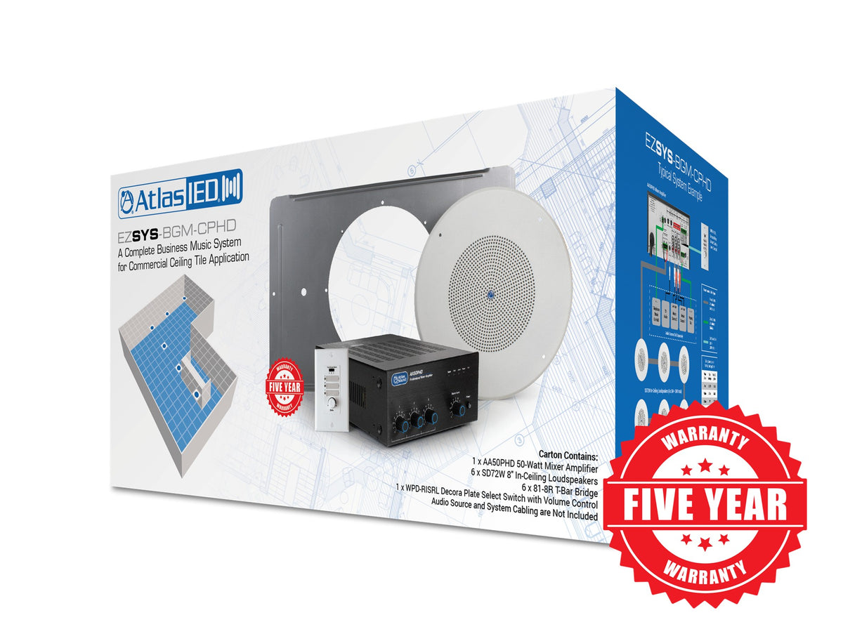 Atlas Sound EZSYS-BGM-CPHD | Complete Business Music & Paging System for Ceiling Tile Applications with Level, Source Wall Controller and Self Diagnostics