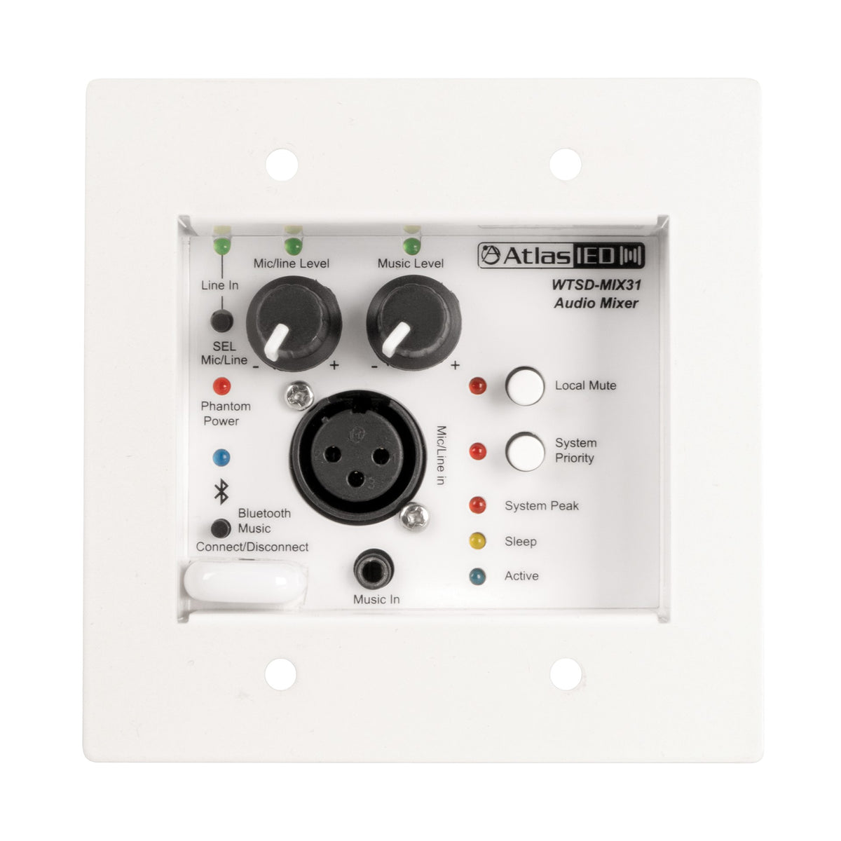 Atlas Sound WTSD-MIX31K | Indoor/Outdoor Analog Wall 3x1 Mic/Line/BT/AUX Mixer with Optional Dante Audio Network Interface