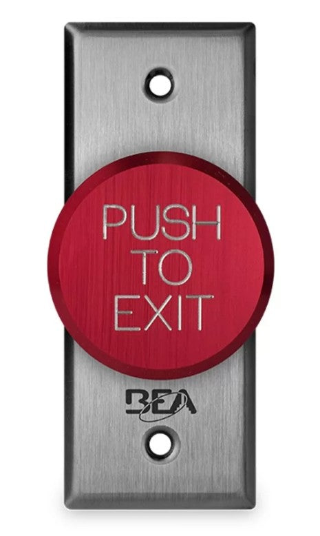 BEA Inc 10ACPBDA1 | 2" Delayed Action Jamb "Push to Exit" Button (Text Only, Red)