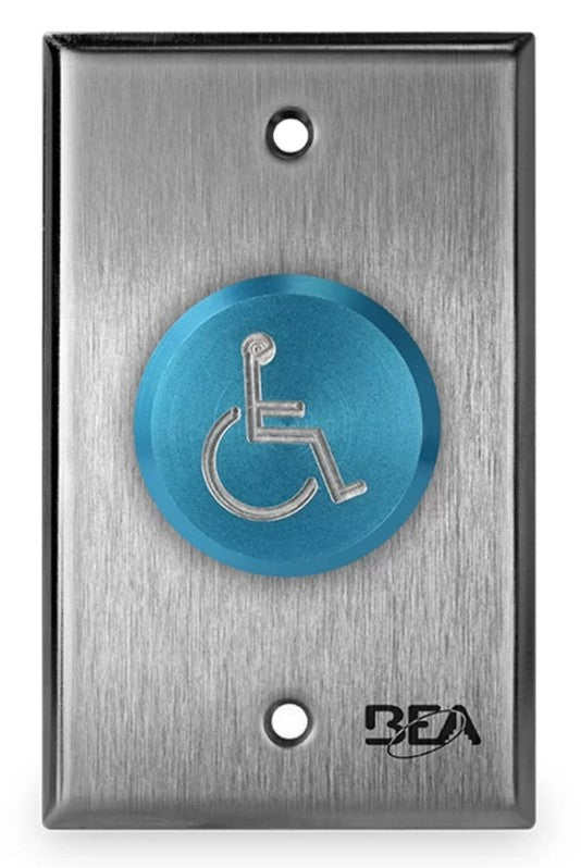 BEA Inc 10ACPBDA8 | 1-5/8" Single-Gang Push to Exit Button (Logo Only, Blue, Delayed Action)