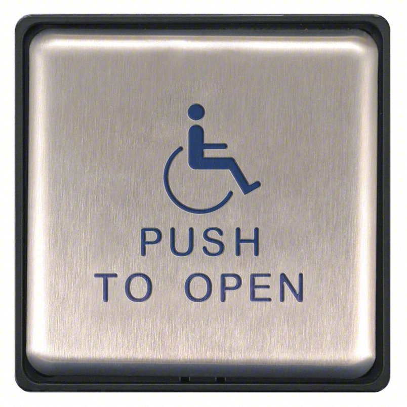 BEA Inc 10EMS4751 | Push Plate, Momentary Switch, US32D Satin Stainless Steel, Bollard Mount, Surface Mount, Blue Text