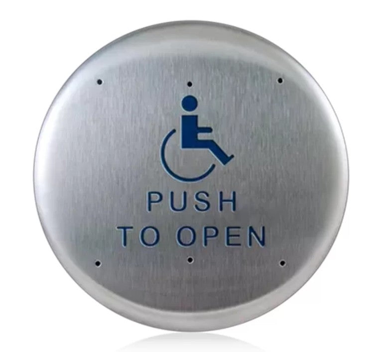 BEA Inc 10PBR1 | 6" Round Stainless Steel "Push to Open" Push Plate (Text & Accessibility Logo)