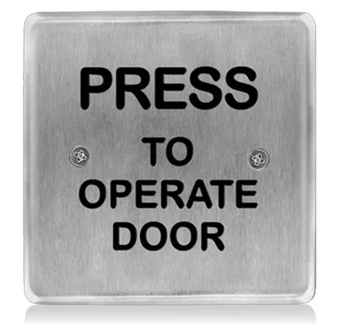 BEA Inc 10PBS45POD | 4.5" Square Stainless Steel "Press to Operate Door" Push Plate (Text Only)