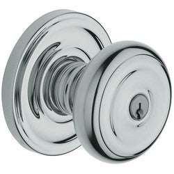 Baldwin 5210.26 | Door Knob, Colonial, Keyed Entry, Adjustable Backset, Concealed, Solid Forged Brass, Polished Chrome Plated, with Rose