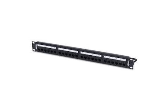 Belden RVMPPF1U24BK | Modular Rev Connect Patch Panel, Steel, Black, Angled, 24-Port, 1U, Preloaded, Wall Mount